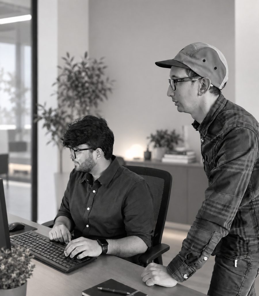 Two Think Beyond team members working together at a desk